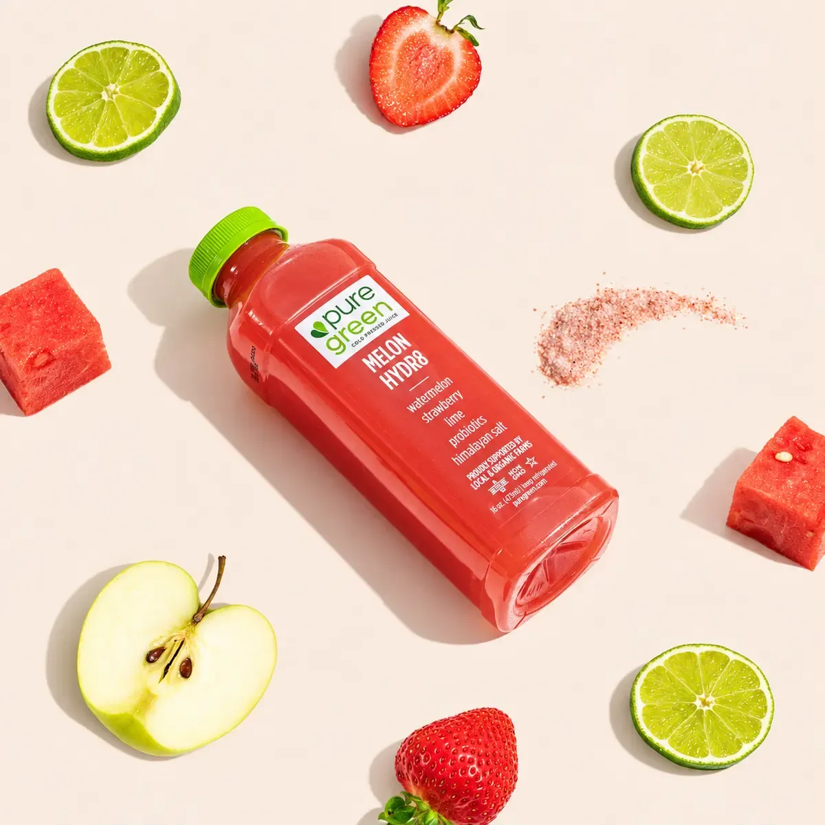A bottle of Melon Hydr8 cold-pressed juice with watermelon, lime, strawberry and apple